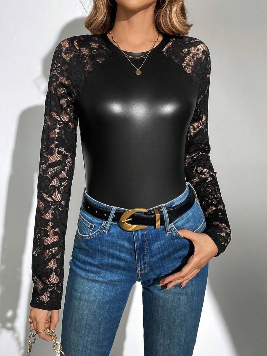 SHEIN Tall Women'S Lace Patchwork Sexy Top - Black - View 1