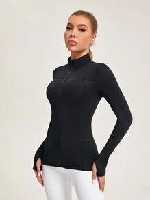 SHEIN Yoga Basic Zipper Closure Long Sleeve Sport Jacket With Pockets - Black - View 7