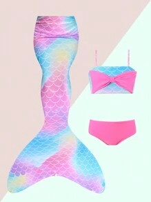 Young Girl' Bowknot Decorated Fish Scale Bikini Set With Fish Tail Beach Skirt Summer Beach - Pink - View 1