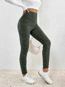 SHEIN Frenchy 女式羅紋針織打底褲 - 綠色 - 查看 5