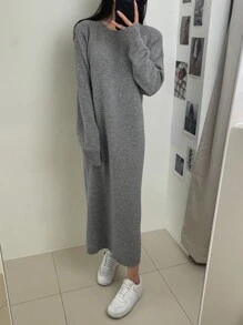 DAZY 女款純色圓領毛衣連身裙 - 灰色 - 查看 6