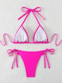 Swim SXY 多層鏤空蕾絲三角杯比基尼套裝帶穿孔設計情人節 - 玫紅色 - 查看 4