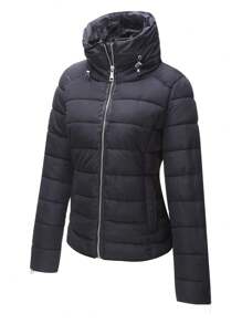 秋冬短款立领加厚羽绒夹克带口袋（人造毛） - 黑色 - 查看 3