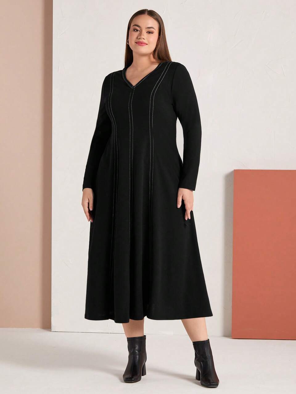 Plus Size Women'S V Neck Long Sleeve Dress