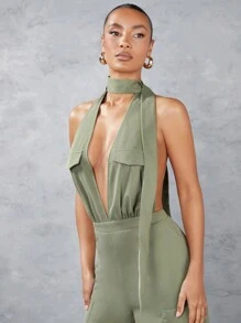 SHEIN BAE 實色高街背帶褲連身裝,配有口袋、腰帶和寬腿 - 軍綠色 - 查看 6