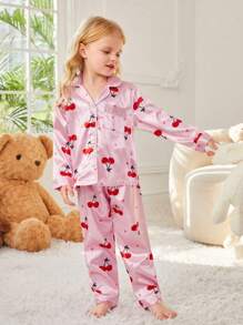 Young Girl Cherry Printed Satin Pajama Set