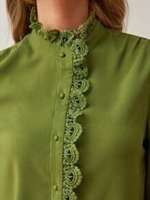 SHEIN Frenchy Women'S Lace Splice Long Sleeve Shirt - Army Green - View 2