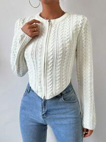 SHEIN Essnce 不对称下摆纯色拉链开衫 - 白色 - 查看 6