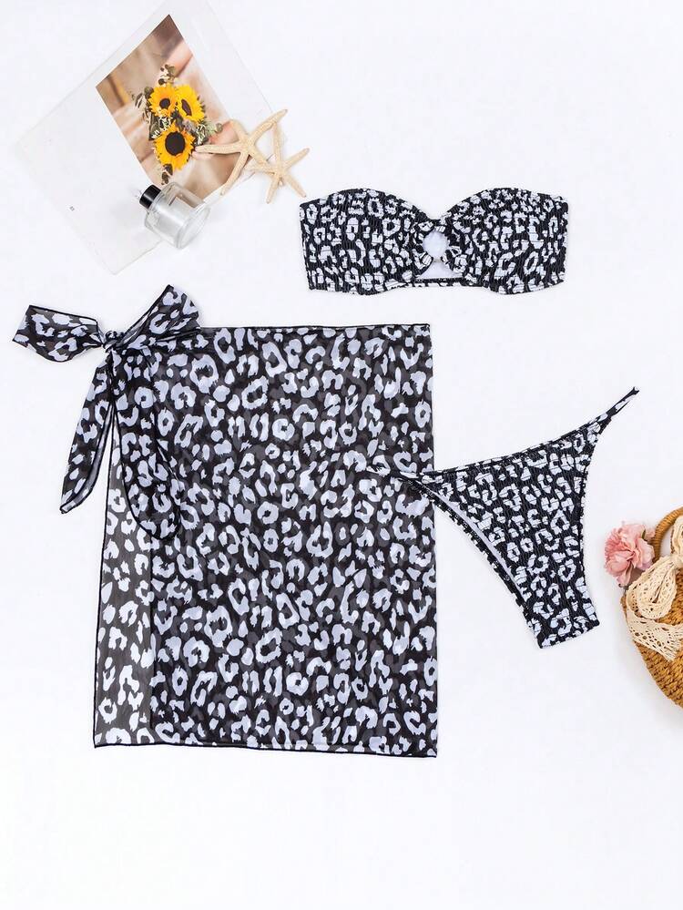 Summer Women'S Floral Print Bra Top, Skirt, Triangle Bottom Bikini Set