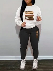 SHEIN EZwear Casual Round Neck 2pcs/Set Outfit With Text Pattern - Multicolor - View 1