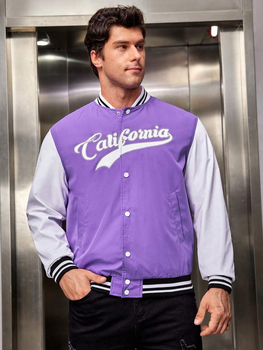 Manfinity VCAY Men'S Contrast Letter Print Baseball Jacket - Purple - View 1
