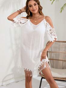 Swim Vcay Quý cô Ren Off Shoulder Cover Ups & Áo đầm - trắng - Xem 3