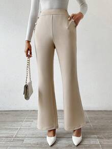 SHEIN Privé 女士純色鈕扣設計喇叭褲 - 杏色 - 查看 3