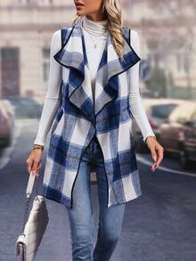 SHEIN Clasi 隨機格紋瀑布領毛衣外套,無腰帶款式 - 彩色 - 查看 4