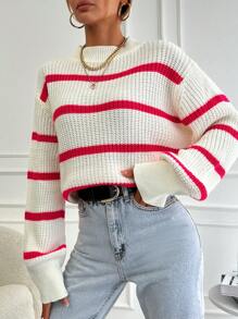 EURMUSE Của phụ nữ Vòng cổ Sọc Thả vai Áo len - Hồng - Xem 4