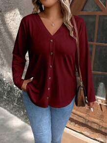SHEIN LUNE Plus Size Solid Color Front Button T-Shirt - Burgundy - View 1