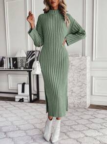 SHEIN Clasi 女士純色立領鬆緊針織毛衣外套 - 綠色 - 查看 1