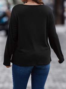 SHEIN LUNE 1 件大尺碼女拉鍊半門襟翻蓋細節 T 卹 - 黑色 - 查看 2