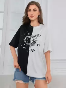 SHEIN Unity Color Block Sun & Moon Graphic Drop Shoulder Tee - Black and White - View 3