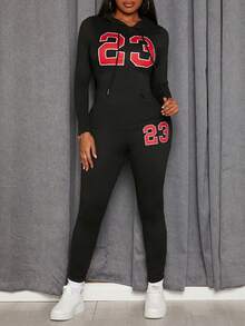 Slaydiva Women'S Letter Print Drawstring Hoodie Top And Leggings Two Piece Set - Black - View 5