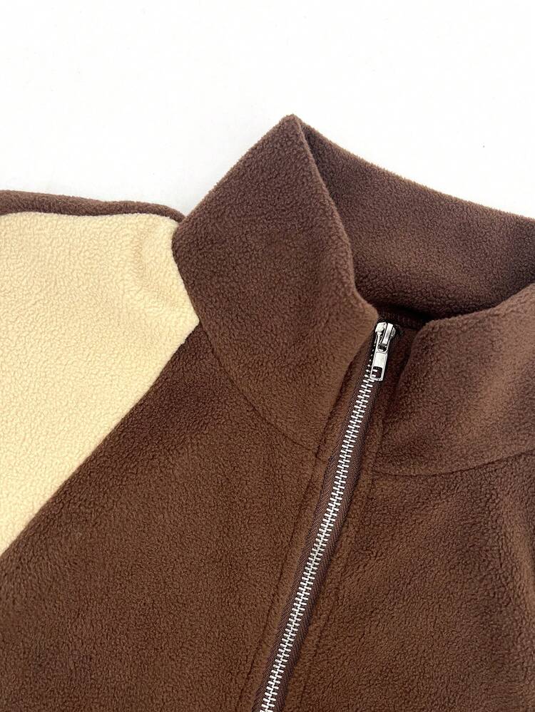 Color-Block Stand Collar Padded Coat With Patch Pockets Fall Cloth For Women