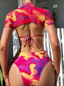 SHEIN Swim SXY 大理石印花三角褲連領帶束側比基尼套裝，附蓋衣頂 - 彩色 - 查看 2