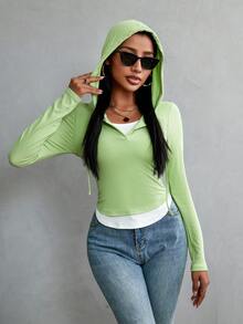 SHEIN Essnce 抽繩長袖連帽 T 卹 - 綠色 - 查看 4