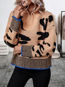 SHEIN LUNE Women's Leopard Print Half Zipper Sweater - Multicolor - View 4