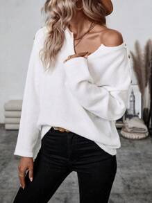 SHEIN LUNE Women'S Notched Collar Button Decorated Sweater Knit Pullover Fall Winter Outfit