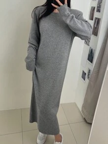 DAZY 女款純色圓領毛衣連身裙 - 灰色 - 查看 5
