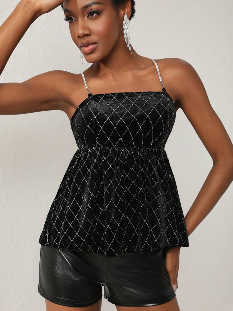 Designer Women Rhinestone Strap Glitter Peplum Cami Top, For Summer, Holiday, Going Out, Festival