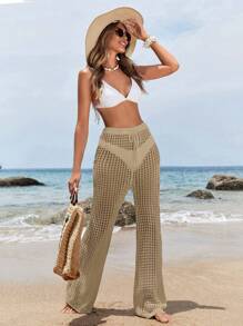 SHEIN Swim Summer Beach Solid Color Hollow Out Cover Up Pants - Khaki - View 6