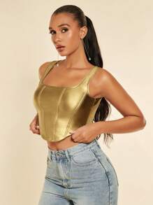 SHEIN BAE 夏季實色PU皮革背心 - 金色 - 查看 5