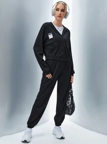 SHEIN Unity Women's Monogrammed Waffle Placket Hooded Sweatshirt And Sweatpants Set - Black - View 4