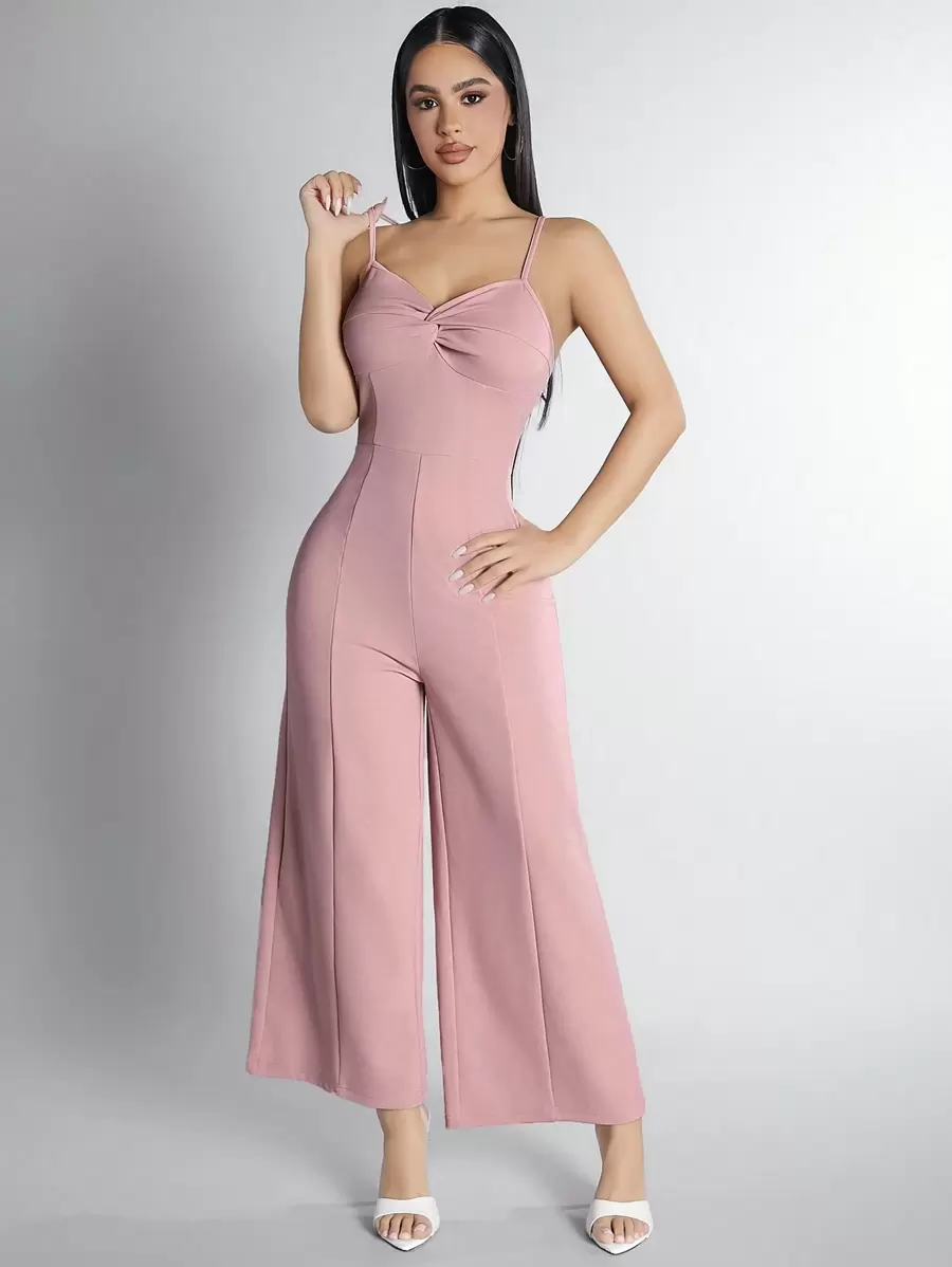 SHEIN PETITE Knotted Detail Spaghetti Strap Wide Leg Jumpsuit - Pink - View 1