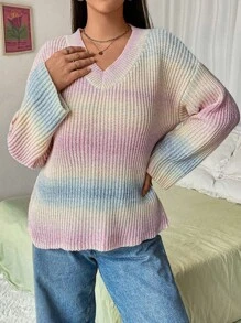 Flirla 大码女式渐变落肩灯笼袖套头毛衣针织衫秋冬毛衣 - 彩色 - 查看 1