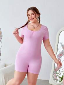 SHEIN EZwear Kích thước lớn Của phụ nữ Thon gọn Romper Với Nhỏ bé Nơ - Hồng - Xem 5