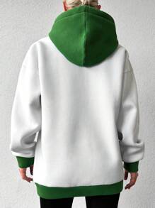 RueChic Letter Embroidery Kangaroo Pocket Drop Shoulder Drawstring Hoodie - White - View 2