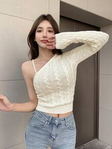 DAZY Áo len dài tay hở một bên vai dành cho nữ - trắng - Xem 3