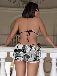 Swim EVENT Women's Letter Printed Three-Piece Triangle Separated Bikini Set Summer Beach - Black and White - View 2