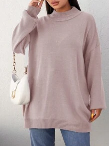 SHEIN Cottnline Women's Plus Size Solid Color Drop Shoulder Sweater Pullover - Pink - View 1