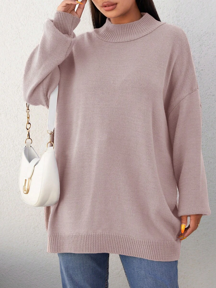 SHEIN Cottnline Women's Plus Size Solid Color Drop Shoulder Sweater Pullover - Pink - View 1