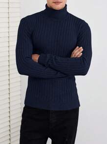 SHEIN Cottnline Men's Solid Color Turtleneck Sweater - Royal Blue - View 5