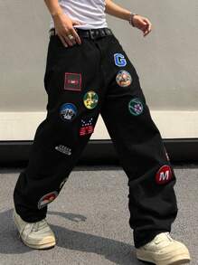 Manfinity EMRG Men's Jeans With Patch Decoration, Slanted Pockets, No Belt Included - Black - View 3