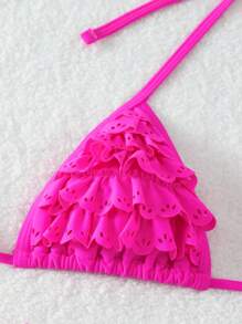 Swim SXY 多層鏤空蕾絲三角杯比基尼套裝帶穿孔設計情人節 - 玫紅色 - 查看 6