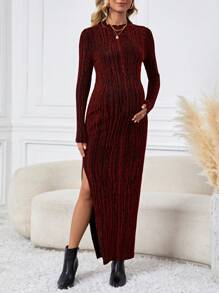 SHEIN Maternity Long Sleeve Side Split Dress - Burgundy - View 4