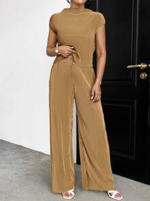 SHEIN Essnce Women's Stand Collar Batwing Sleeve Top And Wide Leg Pants Set - Yellow - View 1