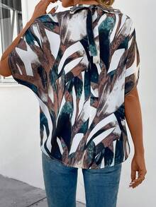 SHEIN Privé 女士植物印花蝙蝠短袖襯衫,立領款式 - 彩色 - 查看 2