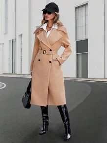 SHEIN Essnce 女式大翻領雙排扣束腰毛呢大衣 - 駝色 - 查看 6