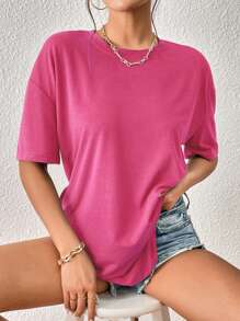 INAWLY Solid Color Round Neck Loose Fit Drop Shoulder Short Sleeve T-Shirt - Pink - View 4